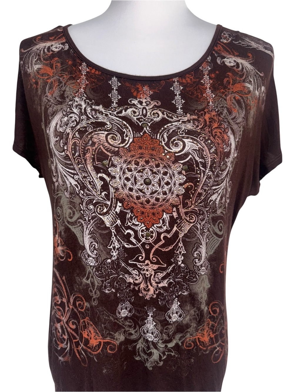 New Directions Brown Graphic Embellished Open Back Top Small Grunge Y2K - Picture 2 of 12